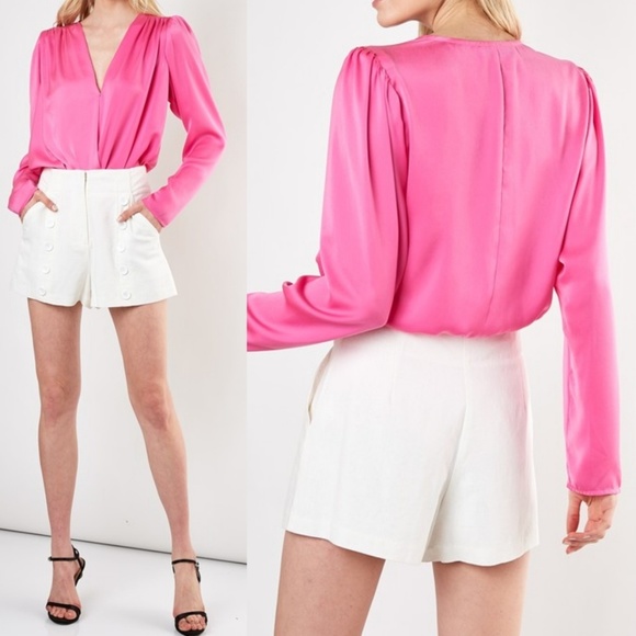 Neon Night Satin Surplice Bodysuit in Hot Pink - Picture 3 of 8